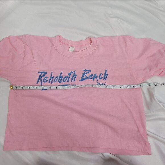 VINTAGE 80s crop top t-shirt pink single stitch ringer Rehoboth‎ Beach M - Picture 8 of 9